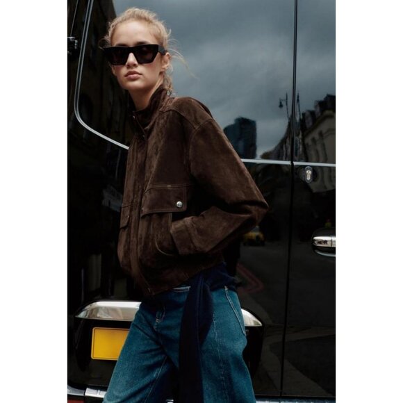 ZARA SUEDE LEATHER BOMBER JACKET WITH POCKETS - Picture 7 of 12